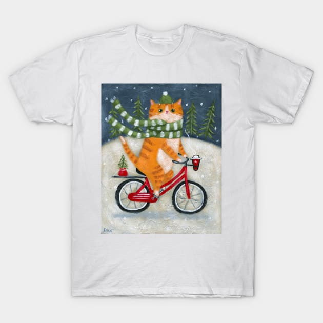 Ginger Wintery Bicycle Ride T-Shirt by KilkennyCat Art